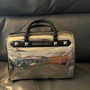 Michael Kors Silver and Black Embossed Handbag